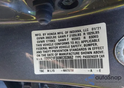 2021 Honda Civic Ex из США, поврежденный, VIN 19XFC1F3XME203662